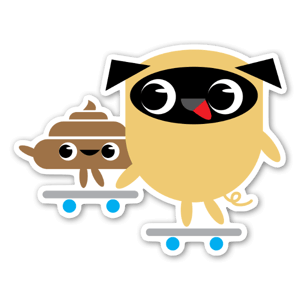 Pug & Poo a fazer skateboarding, criado por Rick Hill Studio