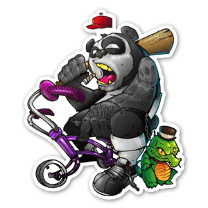 Autocolante de um panda gangster com o seu crocodilo