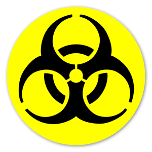 Símbolo Biohazard num autocolante de fundo amarelo.