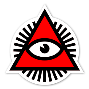 Inspiração illuminati neste autocolante a preto, branco e vermelho. Design por Vincent De Boeck.