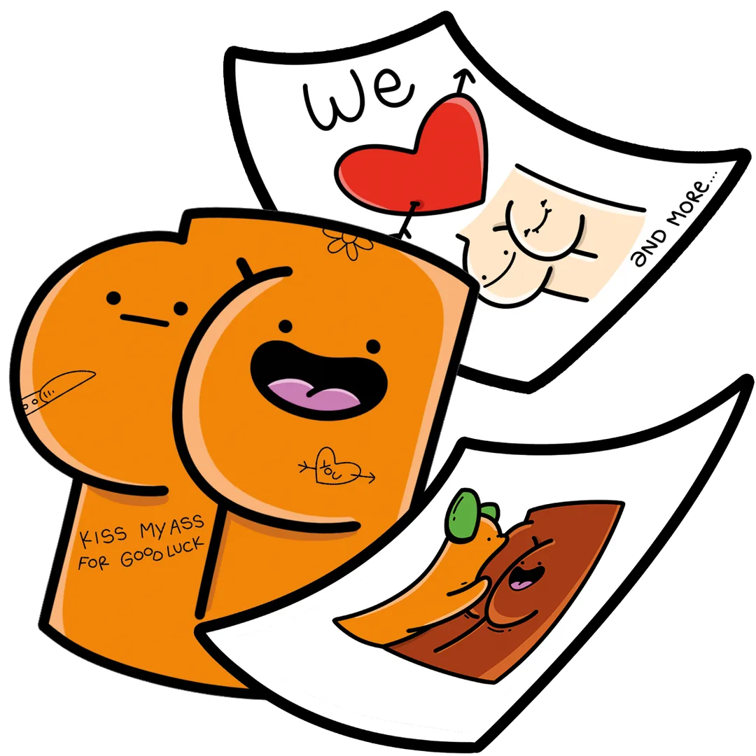 Personagem em forma de rabo cor de laranja com o texto "Kiss my ass for good luck" e cartões de autocolantes NSFW de The Dirty Drop
