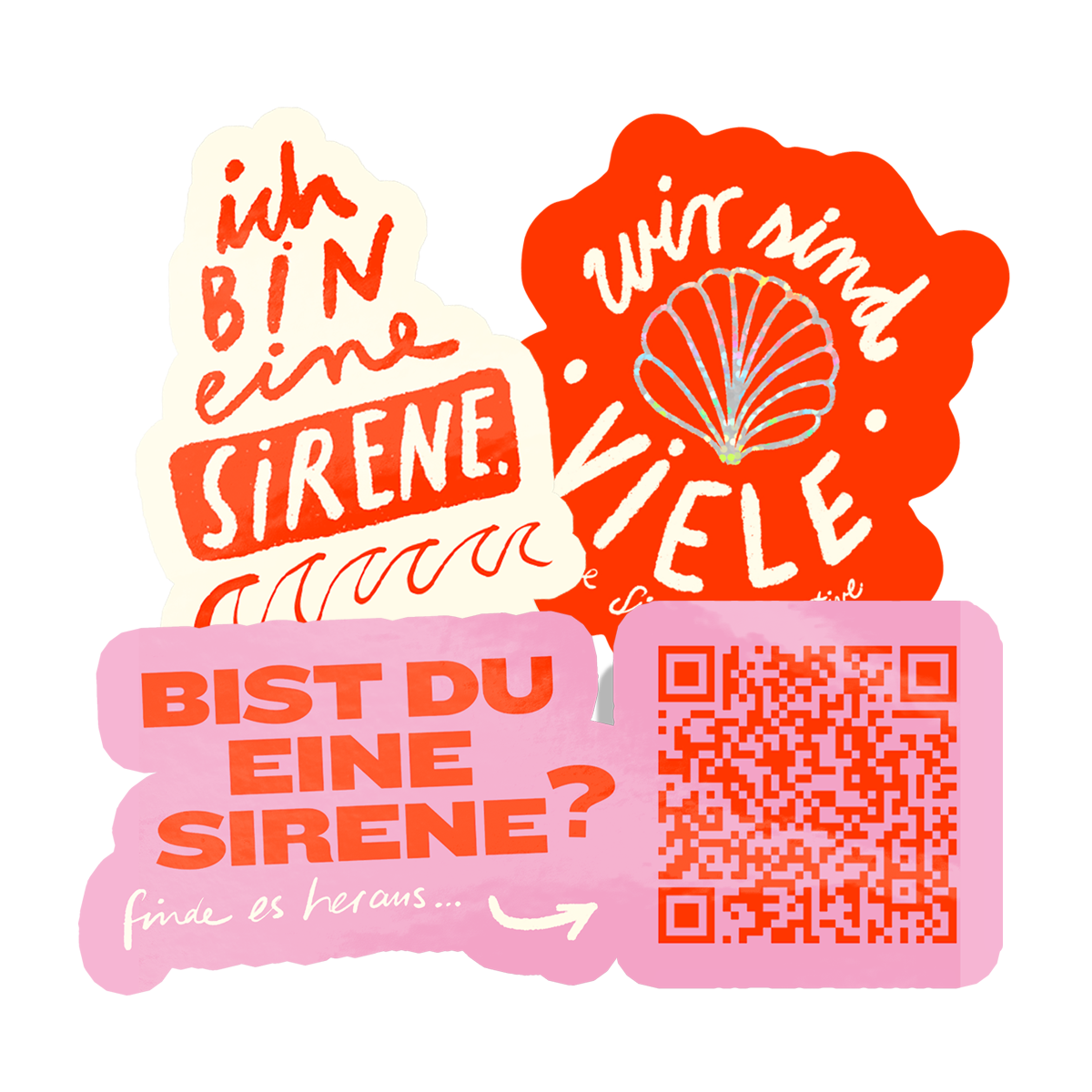 Colagem de adesivos recortados impressos em vinil e purpurina da Sirens Collective