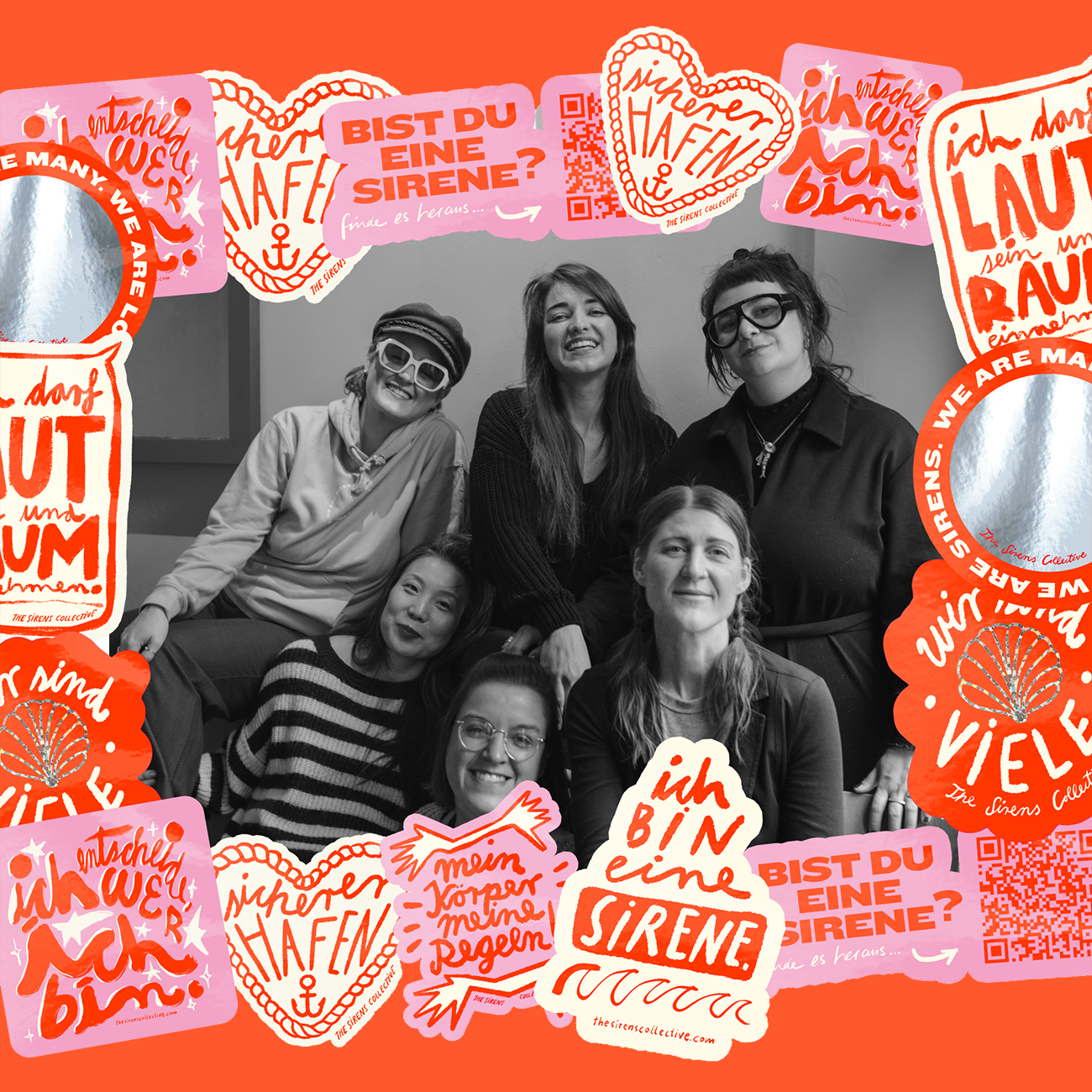 The members of Sirens Collective in black and white, surrounded of die-cut stickers printed on vinyl, mirror and glitter.