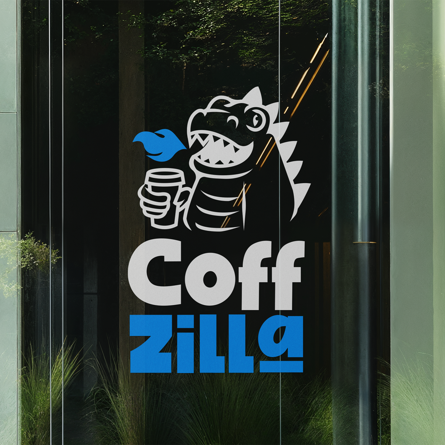 Transferência de vinil de "CoffZilla" apresentando um dragão de desenho animado segurando uma xícara de café, com texto estilizado azul e branco em uma superfície de vidro.