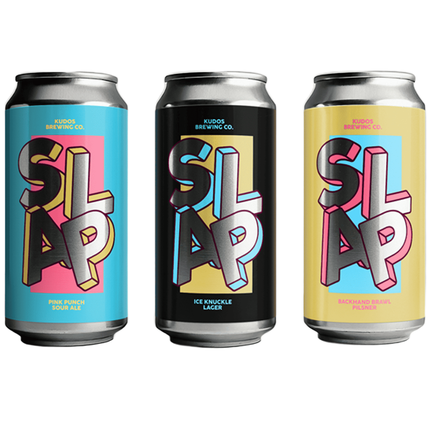 Três latas de cerveja com etiquetas personalizadas para as cervejas SLAP da Kudos Brewing Co., com letras grandes em prateado metalizado