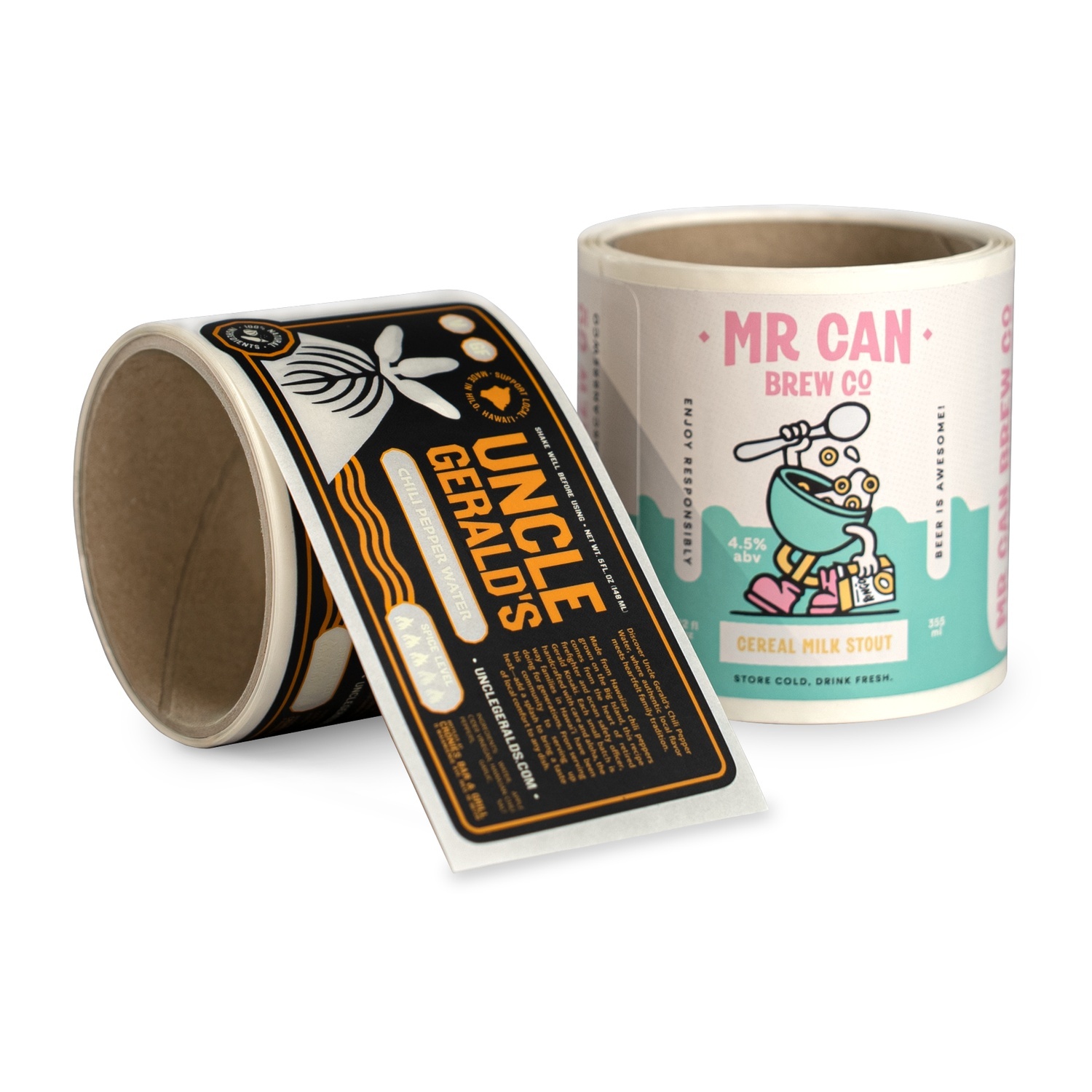 Dois rolos de etiquetas personalizadas: um rótulo de água de malagueta "Uncle Gerald's" e um rótulo de cerveja cereal milk stout da "Mr Can Brew Co"