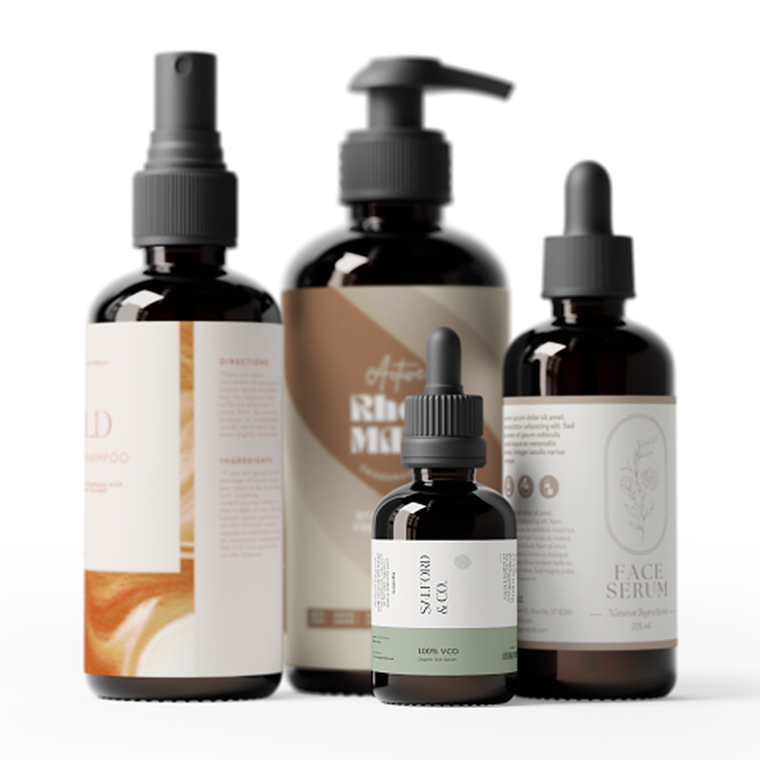 Etiquetas personalizadas para cosméticos em frascos de vidro âmbar com spray, doseador e conta-gotas