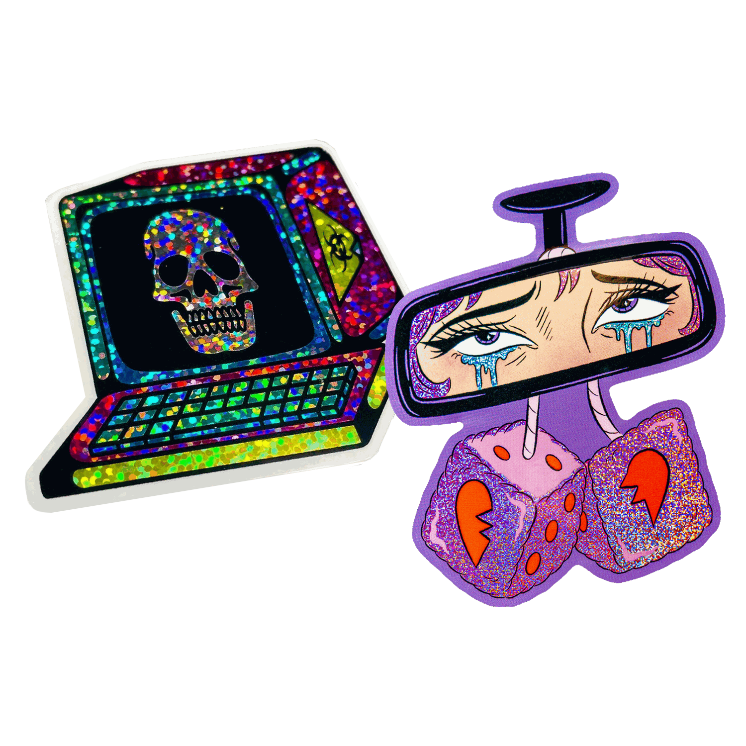 Autocolante recortado com glitter de um computador retro com uma caveira no ecrã, ao lado de um autocolante recortado em Pixie Dust de um espelho retrovisor com olhos lacrimejantes e dados de peluche