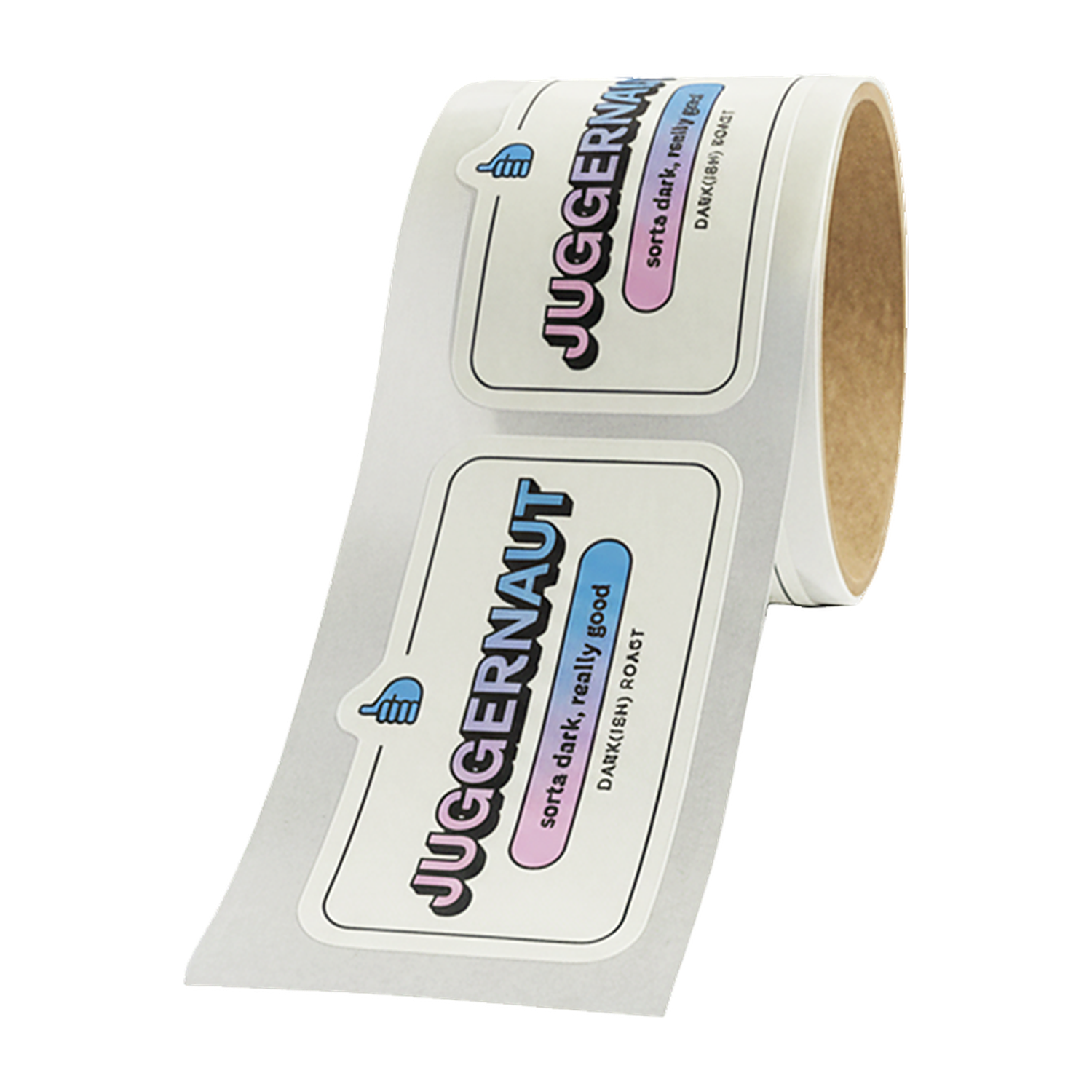 Rolo de etiquetas de café Juggernaut com letras grossas e coloridas