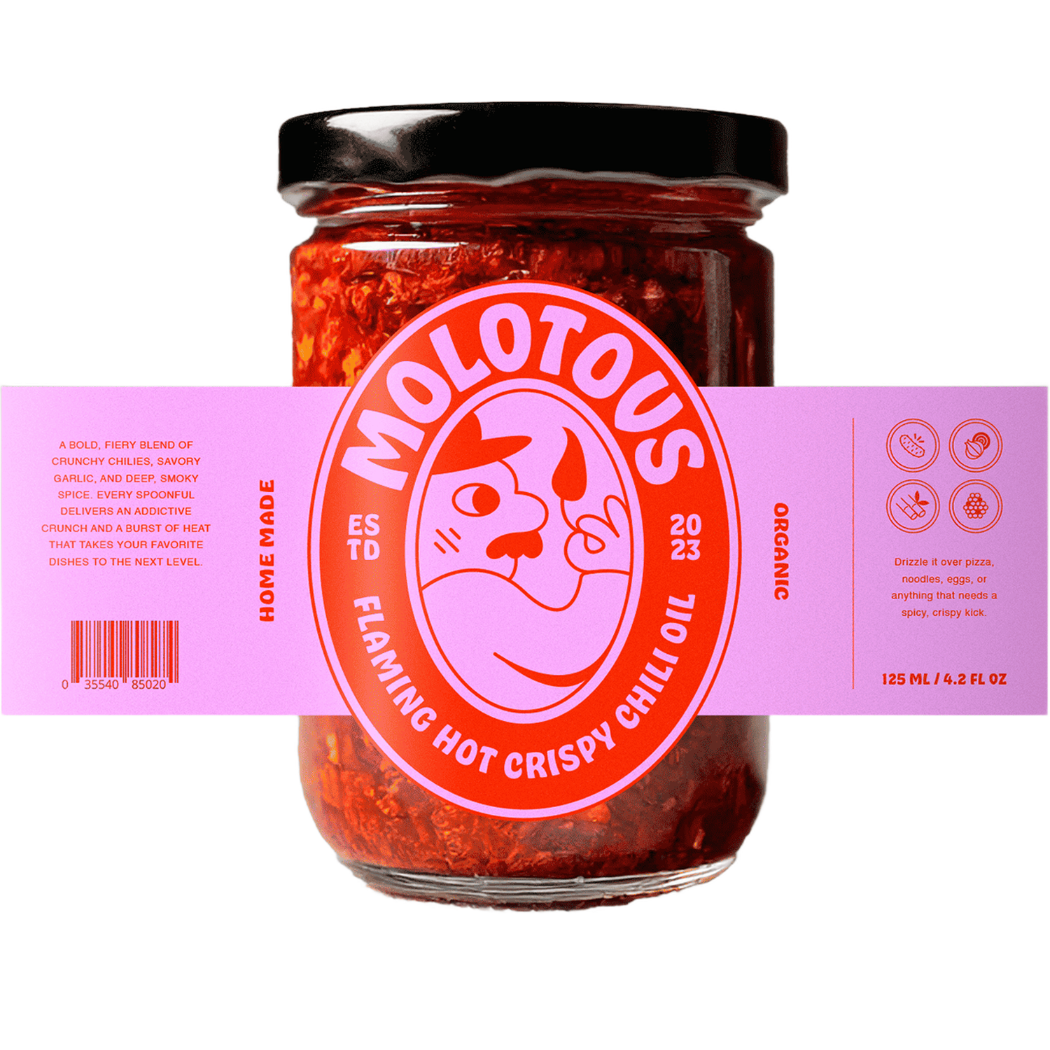 Frasco de vidro de Molotous Flaming Hot Crispy Chili Oil com uma etiqueta personalizada envolvente cor-de-rosa e vermelha