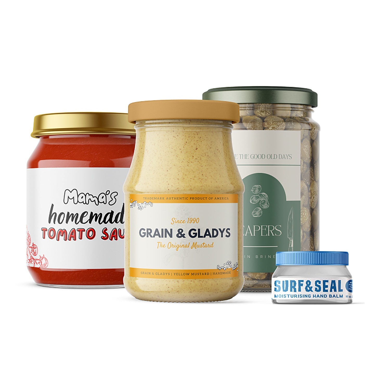 Etiquetas personalizadas em frascos: molho de tomate "Mama's homemade", mostarda "Grain & Gladys", alcaparras e um bálsamo de mãos "Surf & Seal"