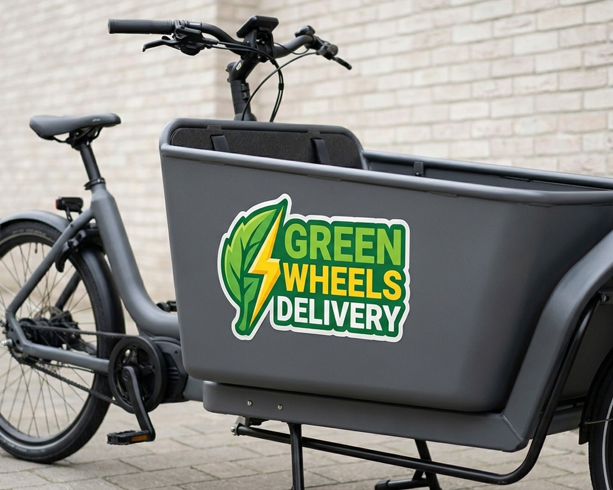 Decalque personalizado recortado com um logótipo de folha e relâmpago e o texto "Green Wheels Delivery" na caixa de uma bicicleta de carga