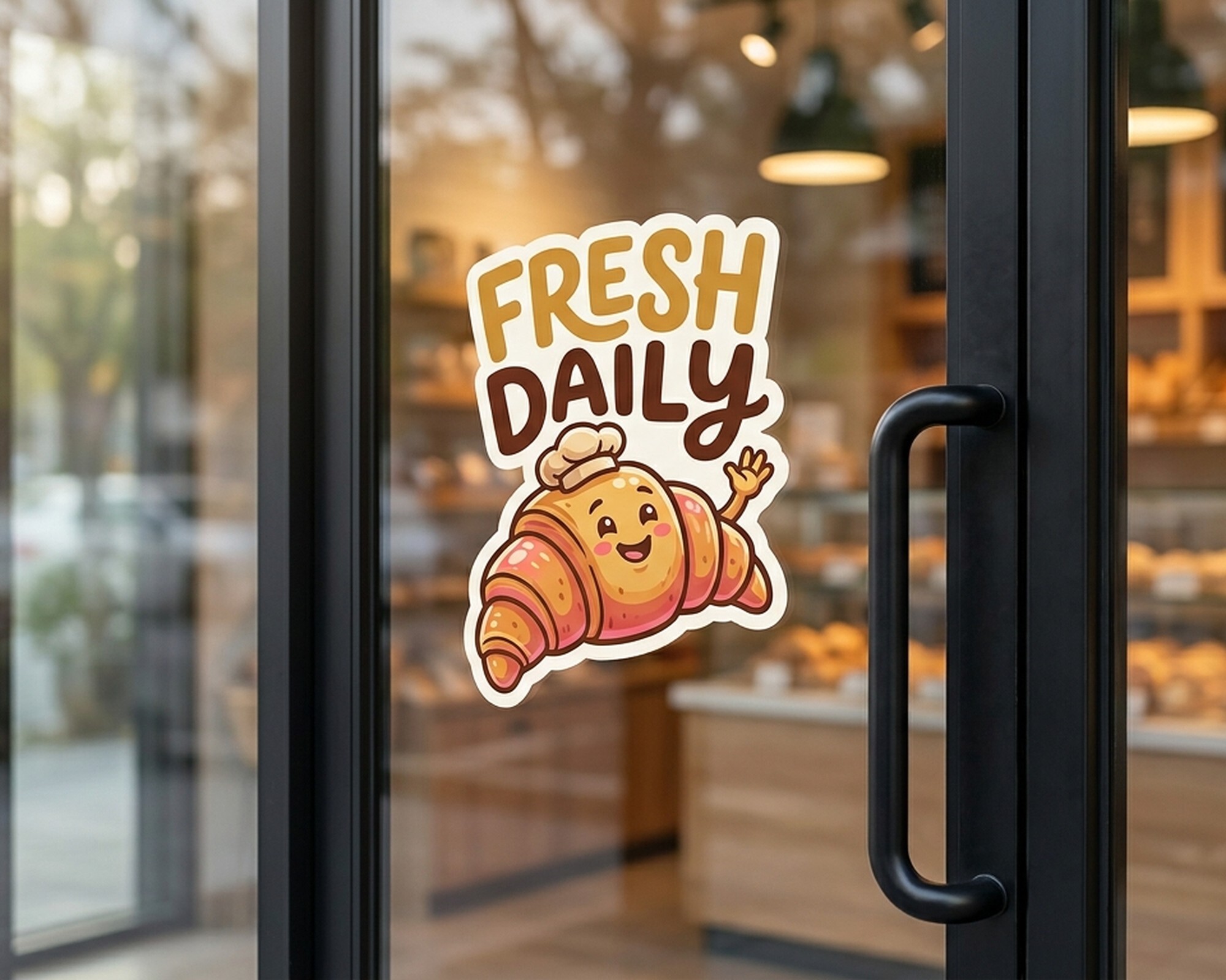 Decalque personalizado recortado com um croissant sorridente e o texto "Fresh Daily" na porta de vidro de uma padaria