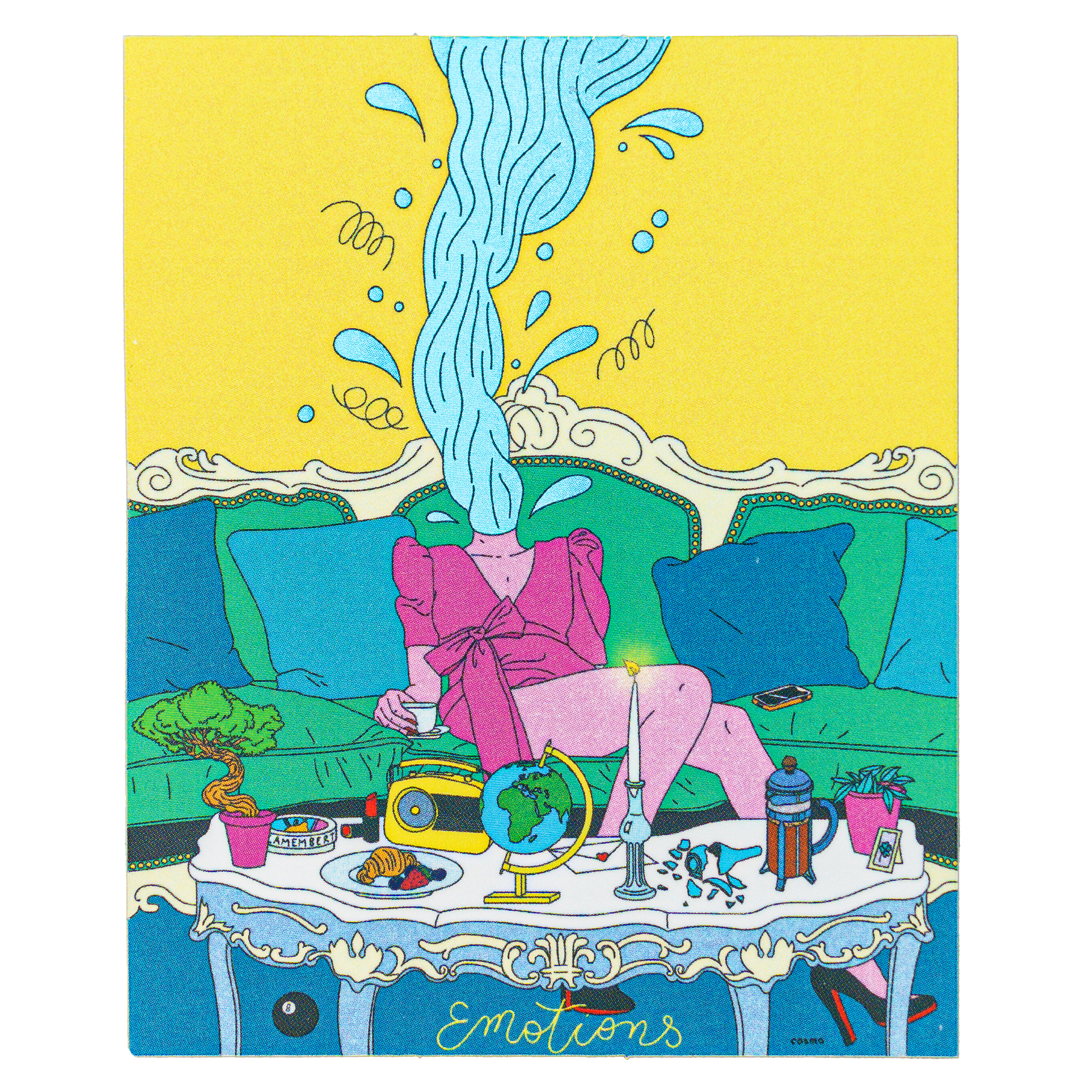 Surreal illustration of a woman in a pink dress sitting on a green couch, with water gushing out of her head and splashing upward.