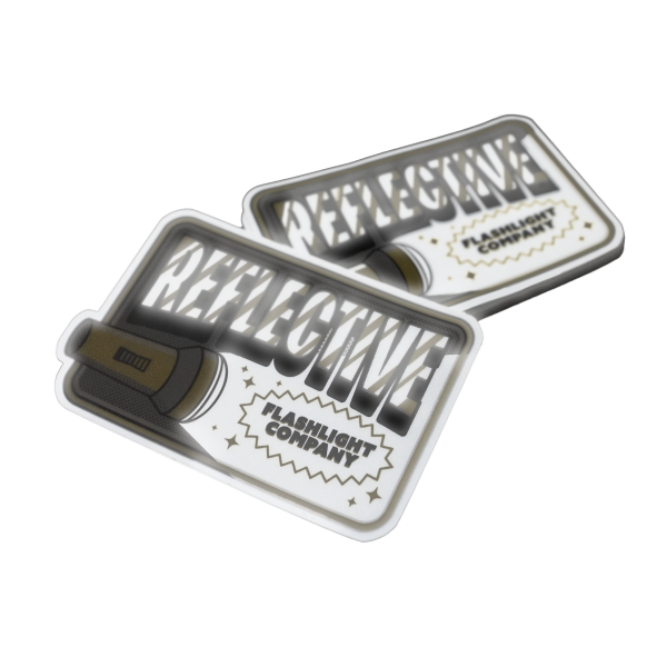 Autocolantes refletivos com o desenho de uma lanterna, texto a negrito e a etiqueta "Flashlight Company".