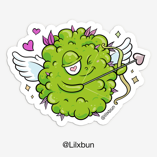 A sticker of a green love cloud with a bow and arrow.