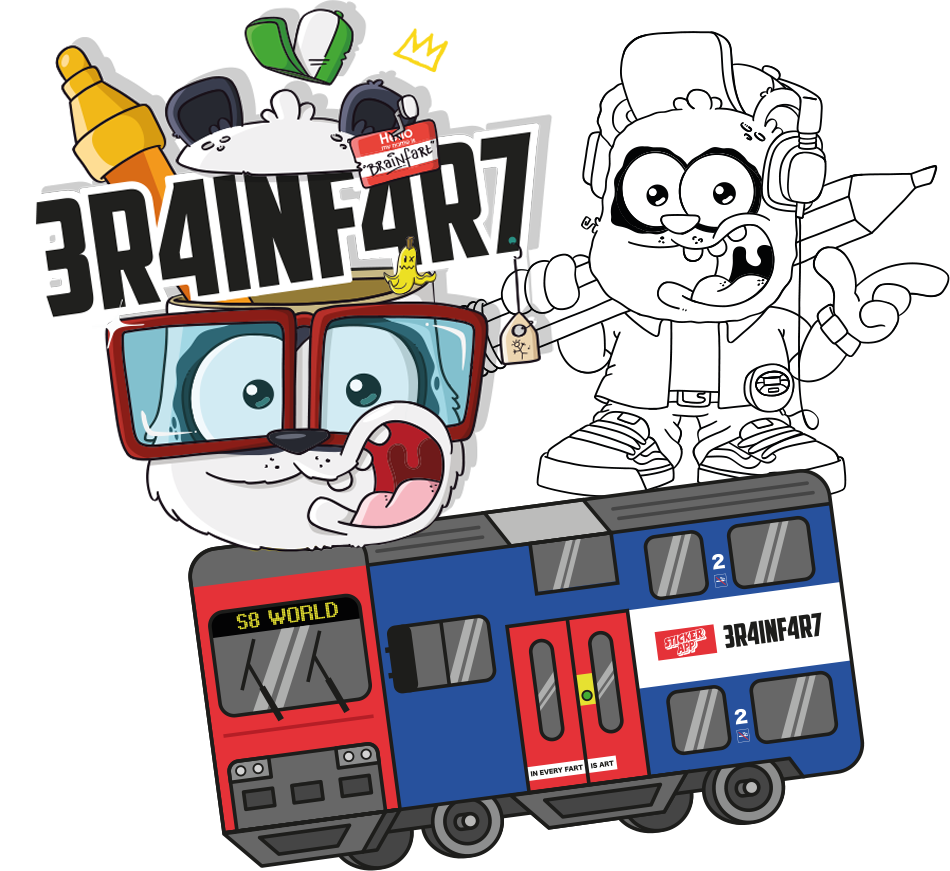 Ilustração Brainfart x StickerApp com o logótipo 3R4INF4R7, duas personagens de banda desenhada e um comboio suburbano S8 World